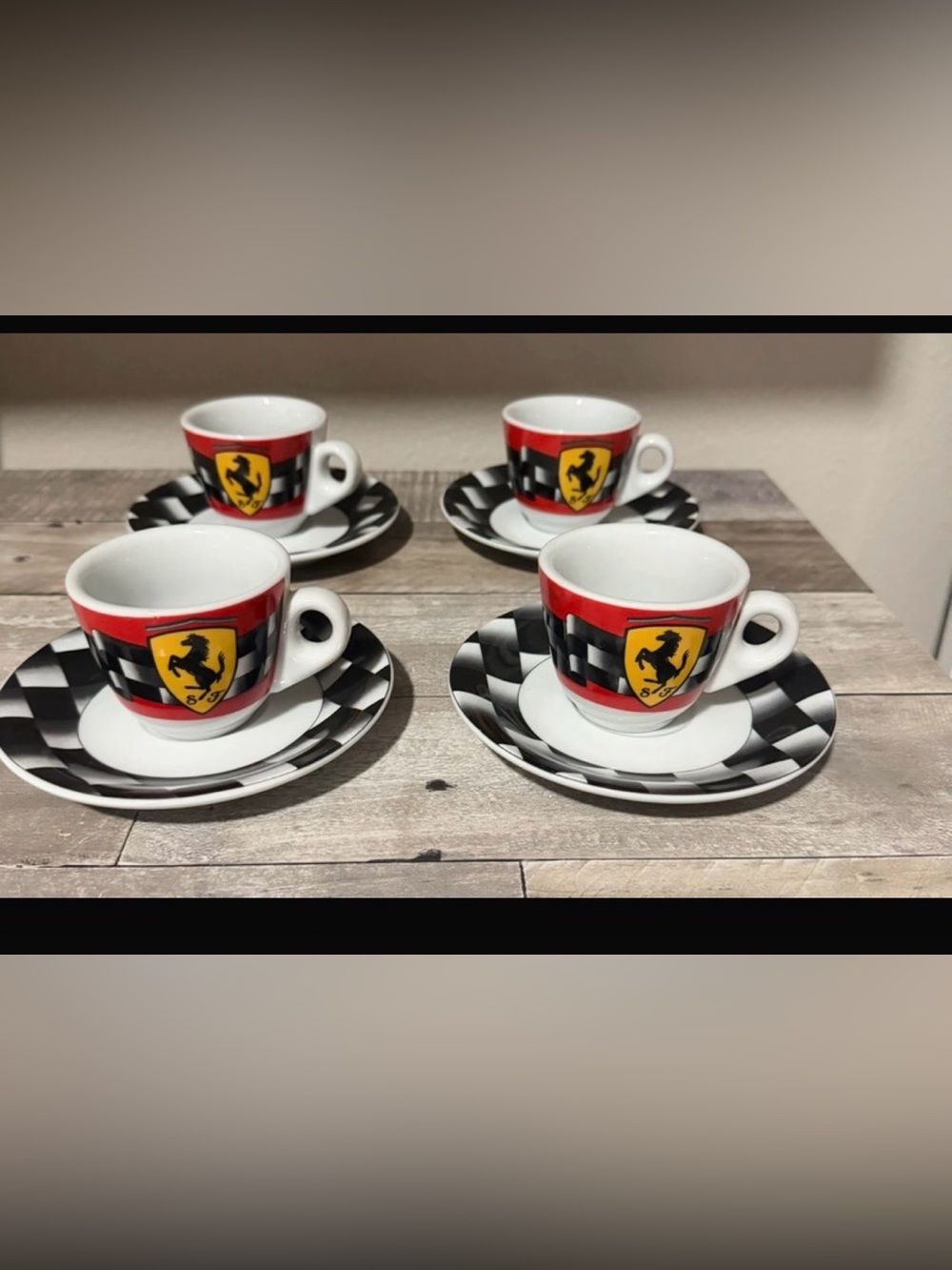 New- Ferrari Red, Black & Yellow Checkered Espresso Cup and Saucer Set - 4 Piece